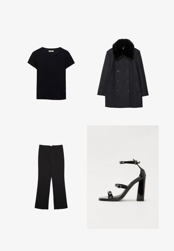 Sort uldfrakke med en plush sort pelskrave, dobbeltradet knaplukning og sidelommer. Glat tekstur og skrædderform.; Sort kortærmet t-shirt lavet af blødt stof. Har en klassisk rund halsudskæring og en afslappet pasform. Ingen mønstre eller accenter synlige.; Sorte bukser med lige pasform, der har frontlommer og slidser i kanten. Lavet af blødt, glat stof. Velegnet til forskellige anledninger.; Sorte patenterede hælsandaler med firkantet tå, ankelremme og sølvspænder. Har en chunky blokHæl for stabilitet.