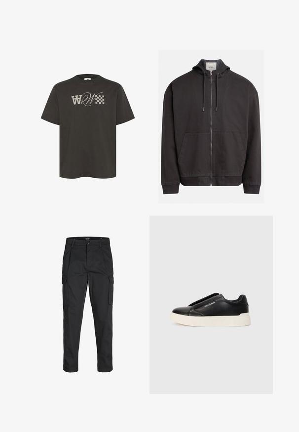Melnā kapučjaka ar pilnu rāvējslēdzēju, priekšējiem kabatām, ribotām aprocēm un apakšmalu. Tekstūrēta auduma izpildījums ar auklām uz kapuces.; Tumši pelēks kokvilnas T-krekls ar lielu stilizētu "W" logo un rūtainu rakstu priekšpusē. Īsas piedurknes un aplis kakla dizains.; Melnas kravas bikses, izgatavotas no izturīga auduma, ar vairākiem kabatām, pogu aizdari un šaura piegriezuma dizainu ar sašaurinātiem kāju apakšiem.; Melna slip-on kedu ar teksturētu ādas augšdaļu, baltu gumijas zoli un bez redzamām šņorcēm. Uz sāna ir zīmola logo.