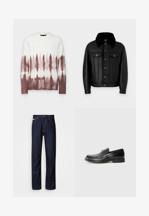 Črna usnjena jakna s črnim krznom obrobljenim ovratnikom, sprednjimi gumbi na pritisk in dvema žepoma na prsih. Ima vertikalne šive.; Pulover s krojem na vratu iz flisa, ki ima tie-dye vzorec z belim na vrhu, ki prehaja v burgundno odtenek na dnu. Mehka tekstura.; Temno modri kavbojki s ravnim krojem, ki vključujejo gumbasto zaponko, pet žepov in kontrastne šive.; Črne usnjene loafers čevlje z zaobljenim nosom, ki imajo šivano zasnovo, majhen sprednji trak z kovinskim okrasjem in ravno gumijasto podplati.