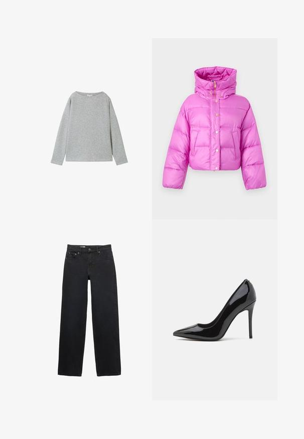 Skraćena ružičasta puffer jakna s visokim ovratnikom, prednjim dugmadima na pritisak i sjajnom teksturom; sadrži dva bočna džepa i kapuljaču.; Svijetlosiva pamučna dugih rukava, izrađena od rebrastog materijala. Ima široki izrez i opušteni kroj. Donji rub i manžetne su završeni jednostavnim šavom.; Crna kratka majica s kratkim rukavima izrađena od mekanog pamuka, s okruglim izrezom i glatkom teksturom. Jednostavan dizajn bez uzoraka ili naglasaka.; Crne traperice širokog kroja napravljene od denima, sa pet džepova, kopčanjem na dugme, suptilnim šavovima i ravnim krojem od struka do rubova.; Crne lakirane kožne štikle s uskim vrhom i glatkom teksturom, koje imaju vitak stiklu. Nema vidljivih ukrasa.