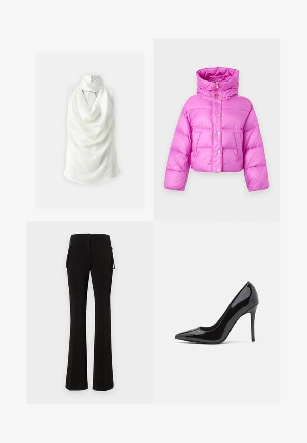 Korte rosa puff jakke med høy krage, frontknapper og en blank tekstur; har to sidelommer og en hette.; Pinko ARRAS BLUSA - Topper - bianco giglio; Svart kortermet t-skjorte laget av myk bomull, med rund hals og en glatt tekstur. Enkelt design uten mønstre eller detaljer.; Svart flare bukser laget av et glatt, elastisk materiale. Har en front lukking med knapp og sidelommer med glidelås for ekstra funksjonalitet.; Svart patentlær høyhælte pumps med spiss tå og glatt tekstur, med en slank stiletthæl. Ingen synlige dekorasjoner.
