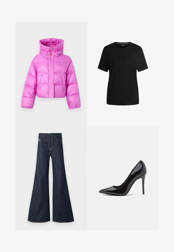 Kratka roza puhovka z visokim ovratnikom, sprednjimi zaklopnimi gumbi in sijočo teksturo; vsebuje dva stranska žepa in kapuco.; Črna kratkotrajna majica s kratkimi rokavi, narejena iz mehke bombažne tkanine, z okroglim izrezom in gladko teksturo. Preprosta zasnova brez vzorcev ali dodatkov.; Temno modri široki jeans iz denima, z visokim pasom, z zlatimi niti in dvema sprednjima žepoma z gumbom.; Črne patentne usnjene salonarice z visokimi petami in koničastim nosom, z gladko teksturo in vitkim špicastim petam. Brez vidnih okrasov.