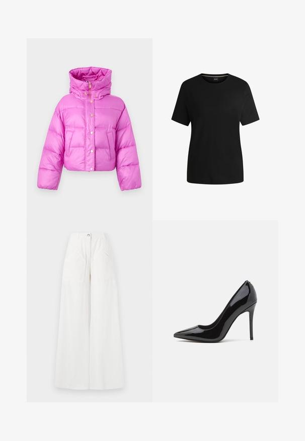 Cropped pink puffer jacket with a high collar, front snap buttons, and a shiny texture; features two side pockets and a hood.; Black short-sleeve t-shirt made of soft cotton, featuring a crew neck and a smooth texture. Simple design without patterns or accents.; White linen wide-leg pants with a high waist, large front pockets, and a single button closure. Soft texture with a relaxed fit.; Black patent leather high-heeled pump with a pointed toe and smooth texture, featuring a slender stiletto heel. No visible embellishments.
