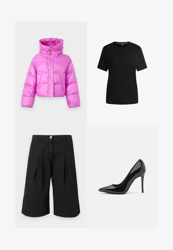 Lyhennettävä vaaleanpunainen puffatakki korkealla kauluksella, etupainonapeilla ja kiiltävällä pinnalla; siinä on kaksi sivutaskua ja huppu.; Mustat lyhythihaiset t-paidat, jotka on valmistettu pehmeästä puuvillasta, sisältävät ympyräkauluksen ja sileän pinnan. Yksinkertainen muotoilu ilman kuvioita tai koristeita.; Mustat polven mittaiset shortsit, jotka on valmistettu puuvillasekoitekankaasta. Ominaisuuksiin kuuluu laskospinta, edessä nappikiinnitys ja klassinen vyötärönauhadesign.; Mustat kiiltonahkaiset korkokengät, joissa on terävä kärki ja sileä pinta, varustettu hoikalla stiletto-korkealla. Ei näkyviä koristeita.