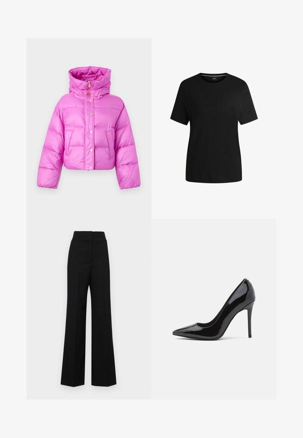 Skraťená ružová puffer bunda s vysokým golierom, prednými patentkami a lesklou textúrou; obsahuje dve bočné vrecká a kapucňu.; Čierne tričko s krátkym rukávom vyrobené z jemnej bavlny, s klasickým okrúhlym výstrihom a hladkou textúrou. Jednoduchý dizajn bez vzorov alebo akcentov.; Čierne široké nohavice s vysokým pásom, s hladkou textúrou a bez viditeľných kovových prvkov alebo zdobení.; Čierne lakované kožené vysoké podpätky s špicatou špičkou a hladkým povrchom, s úzkym stiletto podpätkom. Bez viditeľných ozdôb.