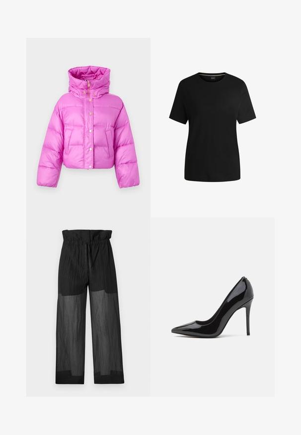 Trumpas rožinis pūkinis švarkas su aukštu apykakle, priekiniais spaudėmis ir blizgiu paviršiumi; turi dvi šonines kišenes ir gobtuvą.; Juodas trumpas rankovės marškinėlis iš minkštos medvilnės, su apvalia iškirpte ir lygiu paviršiumi. Paprastas dizainas be raštų ar akcentų.; Juodos permatomos kelnės su elastine juosta, atitinkančios laisvą siluetą ir turinčios matomas pusiau skaidrias dalis kojose, suteikiančias tekstūrinį vaizdą.; Juodas lakinės odos aukštakulnis batelis su smailiu nosiu ir lygiu paviršiumi, turintis liekną stiletą kulną. Nėra matomų dekoracijų.