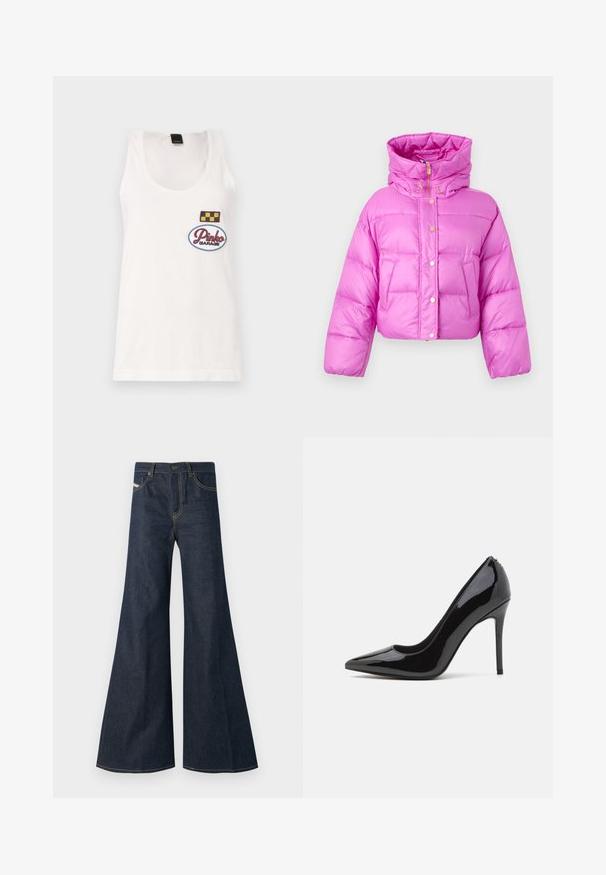 Cropped pink puffer jacket with a high collar, front snap buttons, and a shiny texture; features two side pockets and a hood.; White cotton tank top with a scoop neckline, featuring two embroidered patches: a checkered square and an oval with "Pinko Garage."; Dark blue flared jeans made of denim, featuring a high waist, gold stitching accents, and two front pockets with a button closure.; Black patent leather high-heeled pump with a pointed toe and smooth texture, featuring a slender stiletto heel. No visible embellishments.