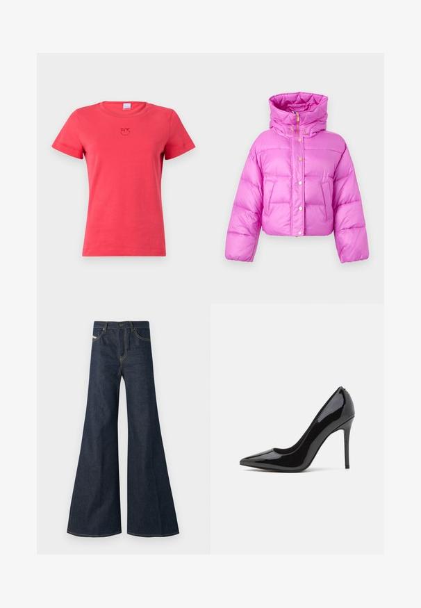 Skraťená ružová puffer bunda s vysokým golierom, prednými patentkami a lesklou textúrou; obsahuje dve bočné vrecká a kapucňu.; Tričko s krátkym rukávom v jasne koralovej farbe, vyrobené z mäkkej látky. Obsahuje malé, tónové logo na hrudi a klasický okrúhly výstrih.; Tmavomodré zvonové džínsy vyrobené z denimu, s vysokým pásom, zlatými stehmi a dvoma bočnými vreckami so zapínaním na gombík.; Čierne lakované kožené vysoké podpätky s špicatou špičkou a hladkým povrchom, s úzkym stiletto podpätkom. Bez viditeľných ozdôb.