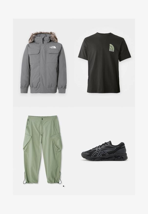 Pilkas izoliacinis švarkas su nuimama gobtuve, kuris turi dirbtinio kailio apdailą, dvi krūtinės kišenes ir elastines rankogalius. Logotipas yra matomas ant krūtinės.; Juodas trumpomis rankovėmis marškinėliai su apvaliu kaklu, ant kairės krūtinės yra mažas žalias ir baltas ketvirčio apskritimo logotipas su užrašu "The North Face".; Šviesiai žali krovinių kelnės su elastinga juosmens juosta, daugybe šoninių kišenių ir raišteliais ant kulkšnų. Pagamintos iš patvarios, tekstūruotos medžiagos.; Vyrų bėgimo bateliai juoda tinklelio medžiaga su atspindinčiais sidabriniais akcentais, turintys paminkštintą padą ir tekstūruotą paviršių praižei.