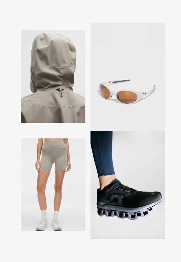 Világos bézs színű vízálló dzseki, illeszkedő kapucnival, elasztikus húzózsinórral és sima felülettel. Hátul varrással kidolgozott részletek.; Fekete, hosszú ujjú, rövid póló, sötét szürke, testhez simuló leggingszel párosítva. A felső egyszerű dizájnnal rendelkezik; a leggings oldalsó varrással és sima textúrával bír.; lululemon SWIFT SPEED HIGH-RISE 15CM - Rövid futóharisnya - warm ash grey; Fekete futócipő texturált felsőrésszel és egyedi szegmentált dizájnnal rendelkező jellegzetes középtalppal. Az oldalsó logóval van kiemelve.; Fehér napszemüveg barna lencsékkel, ovális forma, sima műanyagból készült, szürke díszítéssel a szárakon és logóval a kereten.; Szegfűs selyem négyzetalakú sál, élénk absztrakt mintával piros, rózsaszín és zöld árnyalatokban, mély bordó szegéllyel.