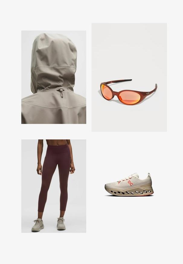 Vaaleanbeige vedenpitävä takki, jossa on istuva huppu, elastinen kiristysnarua ja sileä pinta. Saumadetaileja selässä.; Musta pitkähihaisen crop-top, joka on yhdistetty tiukkoihin tummanharmaisiin leggingsseihin. Topissa on yksinkertainen muotoilu; leggingsseissä on sivusaumat ja sileä pinta.; Bordeaux-housut korkealla vyötäröllä, joustavasta kankaasta valmistetut, joissa on sivutaskut ja napakka muotoilu, joka ulottuu nilkkoihin.; Vaaleanbeiget urheilukengät, joissa on teksturoitu päällinen, punaiset yksityiskohdat ja innovatiivinen pohja, jossa on aukkoja hengittävyyden ja vaimennuksen parantamiseksi.; Punaiset aurinkolasit, joissa on soikeat linssit ja oranssilla sävyllä varustettu heijastava pinnoite. Ominaisuuksiin kuuluu tyylikäs, kevyt muovikehys ja mustat yksityiskohdat temppeleissä.; Silkk квадратный шарф с ярким абстрактным узором в красном, розовом и зеленом цветах, обрамленный темно-бордовым кантом.