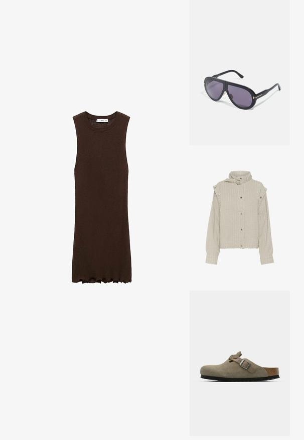 Giacca grigia chiara texturizzata con maniche lunghe, bottoni a scatto e un design a colletto alto. Presenta un leggero rigato e dettagli sulle spalle.; Mango Abito in maglia - brown; Zoccoli in suede di un verde oliva chiaro con una soletta in sughero e gomma sagomata. Presentano una cinghia laterale con fibbia metallica e una punta arrotondata.; Occhiali da sole neri con montatura oversize e angolare, lenti viola scure e dettagli in tono oro sulle aste. Finitura opaca con una texture liscia.