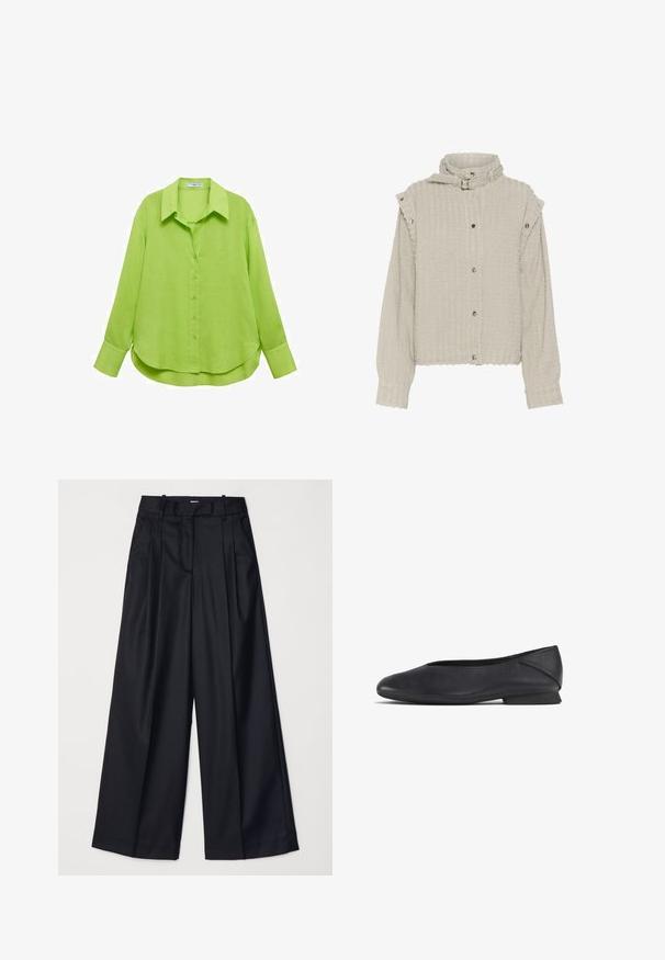Svetlo šedá textúrovaná bunda s dlhými rukávmi, cvokmi a dizajnom s vysokým golierom. Obsahuje jemné rebrovanie a akcenty na pleciach.; Mango Blúzka so zapínaním na gombíky - green; Čierne široké nohavice vyrobené z hladkej tkaniny, so zvýšeným pásom, plisovaním a strihom na mieru. Jednoduché čierne kovanie v oblasti pásu.; Čierna kožená plochá topánka s okrúhlou špičkou a nízkym podpätkom, navrhnutá na príležitostné alebo formálne nosenie.