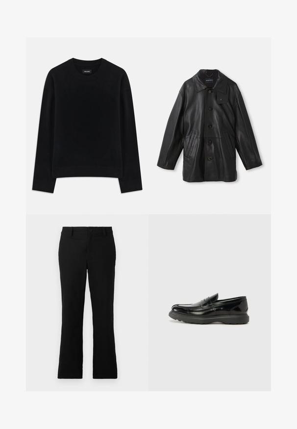 Fekete bőrdzseki, gallérral, gombos záródással, két elülső zsebbel és texturált felülettel. A galléron található címke a márka azonosítására szolgál.; Fekete pulóver puha anyagból, kerek nyakkal, hosszú ujjakkal, laza szabással és bordás szegéllyel. Egyszerű, egyszínű dizájn, minta nélkül.; Fekete, harang fazonú nadrág, pamut keverékből készült, gombos záródással, övhurkokkal és sima textúrával, látható minták nélkül.; Fekete bőr loafer, fényes felülettel, kerek orral, diszkrét varrási részletekkel és vastag gumitalppal a tartósság érdekében.