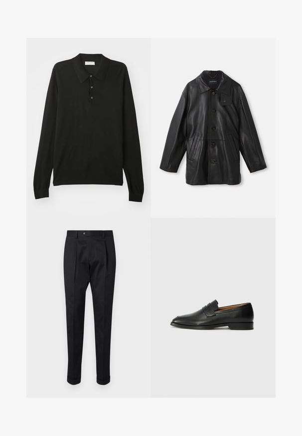 Black leather coat with a collar, button closure, two front pockets, and a textured finish. Features a tag on the collar for brand identification.; Black long-sleeve polo shirt with three buttons and a collar, made from a soft knit fabric.; Black trousers made of a smooth fabric, featuring a fold at the front, a button closure, and rolled cuffs at the ankle.; Black leather loafer with a rounded toe, subtle stitched detailing, and a low heel, featuring a smooth texture and minimalist design.