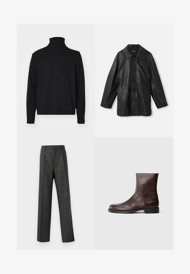 Czarny skórzany płaszcz z kołnierzem, zapięciem na guziki, dwoma przednimi kieszeniami i teksturowanym wykończeniem. Posiada metkę na kołnierzu do identyfikacji marki.; Czarny sweter z golfem wykonany z miękkiego materiału, z prążkowanym kołnierzem, mankietami i dołem, o gładkiej fakturze i bez widocznych wzorów.; Szare spodnie o dopasowanym kroju wykonane z teksturowanej tkaniny, z dwoma fałdami z przodu i prostymi nogawkami. Brak widocznych kieszeni i zdobień.; Brązowe skórzane botki za kostkę o gładkiej fakturze, zaokrąglonym nosku, minimalnych przeszyciach i płaskiej czarnej gumowej podeszwie.