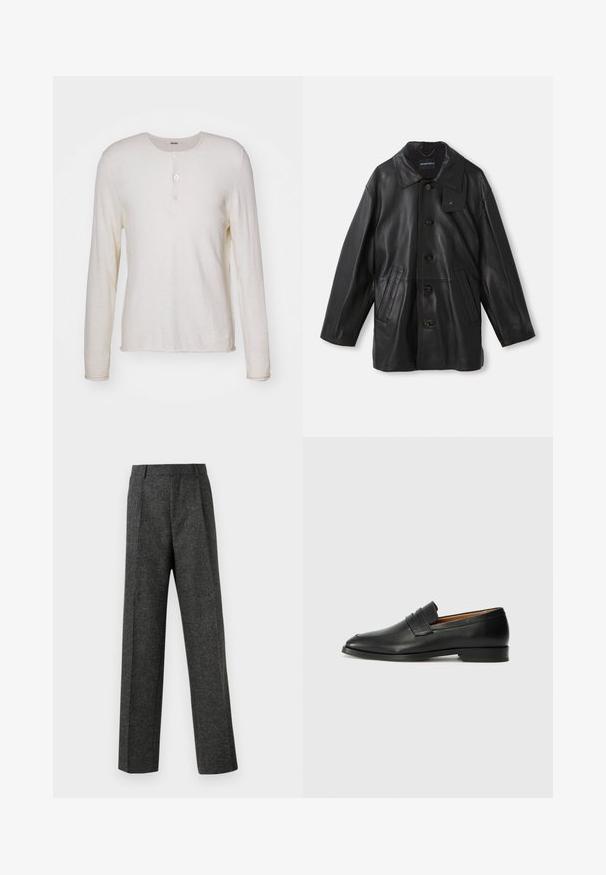 Fekete bőrdzseki, gallérral, gombos záródással, két elülső zsebbel és texturált felülettel. A galléron található címke a márka azonosítására szolgál.; Hosszú ujjú, krém színű henley póló, puha anyagból készült, kerek nyakkivágással, elöl három gombbal és egyenes aljjal.; Szürke, texturált anyagból készült, szabott nadrág, két elülső pliszével és egyenes lábbal. Nincsenek látható zsebek vagy díszítések.; Fekete bőr mokaszin, kerek orral, diszkrét varrásokkal és alacsony sarokkal, sima felülettel és minimalista dizájnnal.