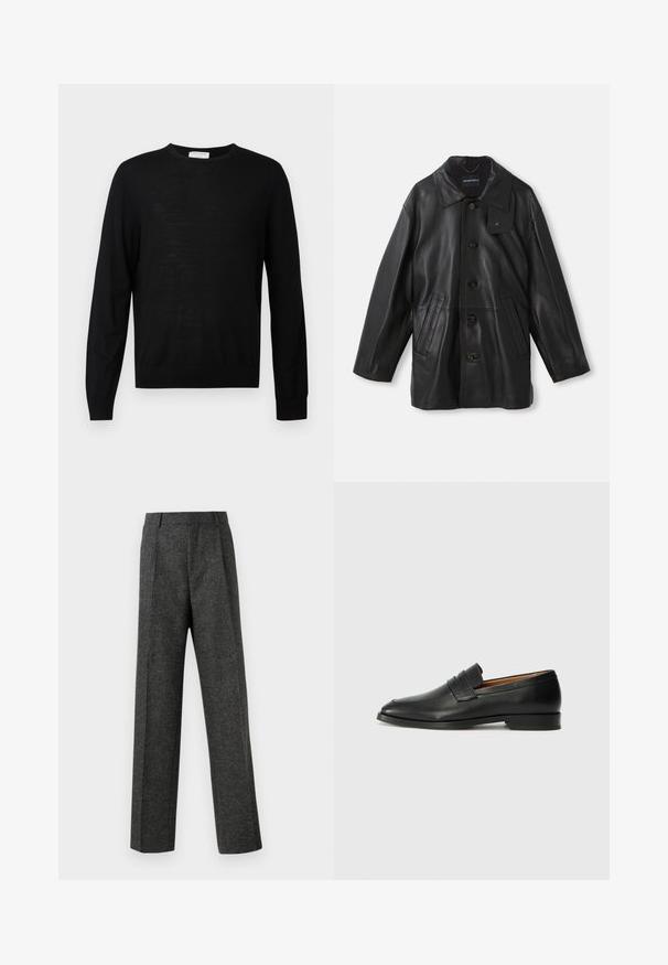 Must muströök, millel on krae, nööbid, kaks esipocketit ja tekstureeritud viimistlus. Kraele on märk brändi tuvastamiseks.; Must mustre ja pikkade varrukatega sviiter, mis on valmistatud pehmest kangast, ümmarguse kaeluse, ribidega mansettide ja sirge äärega. Minimalistlik disain, ilma mustriteta.; Hallidehased hallid püksid tekstureeritud kangast, millel on kaks eesmist voldi ja sirge sääre disain. Pole nähtavaid taskuid ega kaunistusi.; Must musta loafers ümarate varvastega, peene tikandiga ja madala kontsaga, millel on sile tekstuur ja minimalistlik disain.