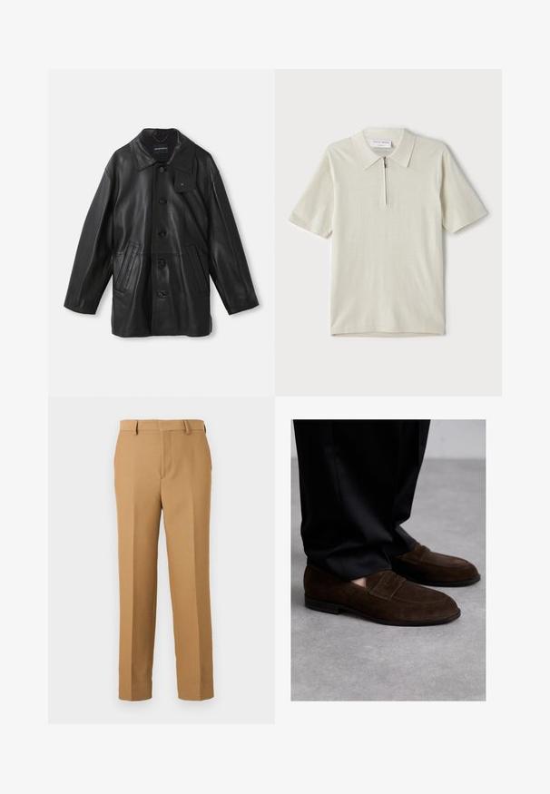 Mustaka nahkatakki, jossa on kaulus, nappikiinnitys, kaksi etutaskua ja teksturoitu pinta. Kauluksessa on bränditunnistusta varten etiketti.; Vaate lyhythihaisista polo-paitojen vaaleassa beige-värissä, jossa on vetoketjukaulus. Valmistettu sileästä kankaasta, yksinkertainen ja moderni malli ilman kuvioita.; Beige dressipüksid, mis on valmistatud kudumiskangast, omavad sirget lõiget, lapikut esiosa ja vöökohapritsmeid. Sile tekstuur ilma nähtavate mustriteta.; Bally CHARNEY - Puvunkengät - ebano