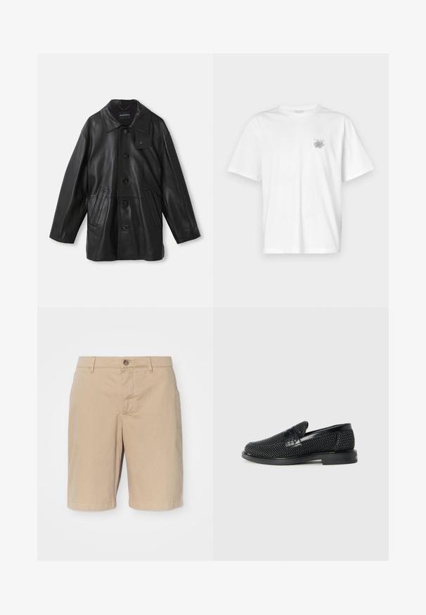 Černý kožený kabát s límcem, zapínáním na knoflíky, dvěma předními kapsami a texturovaným povrchem. Na límci se nachází štítek pro identifikaci značky.; Bílá bavlněná trička s krátkým rukávem, kulatým výstřihem a malým šedým logem na levé části hrudi. Hladká textura.; Béžové bavlněné kraťasy s hladkým povrchem, vybavené zapínáním na knoflík vpředu, poutek na opasek a rovný střih, končící těsně nad koleny.; Černé pletené nazouvací boty s hladkým koženým akcentem na svršku, kulatou špičkou a nízkoprofilovou gumovou podrážkou.