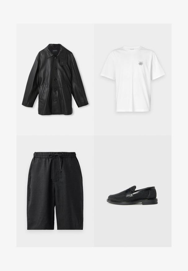 Černý kožený kabát s límcem, zapínáním na knoflíky, dvěma předními kapsami a texturovaným povrchem. Na límci se nachází štítek pro identifikaci značky.; Bílá bavlněná trička s krátkým rukávem, kulatým výstřihem a malým šedým logem na levé části hrudi. Hladká textura.; Černé kraťasy po kolena s elastickým pasem a šňůrkou. Hladký materiál s dvěma bočními kapsami, jednoduchý design a žádné viditelné vzory.; Černé pletené nazouvací boty s hladkým koženým akcentem na svršku, kulatou špičkou a nízkoprofilovou gumovou podrážkou.