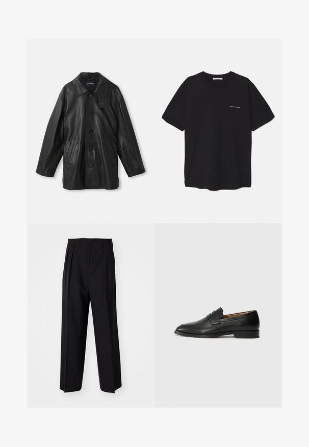 Black leather coat with a collar, button closure, two front pockets, and a textured finish. Features a tag on the collar for brand identification.; Black cotton T-shirt with a crew neck, short sleeves, and a white logo print on the left chest. Simple, solid color design.; Black pleated trousers with a straight, wide-leg design. Made from smooth fabric, featuring a button closure and belt loops.; Black leather loafer with a rounded toe, subtle stitched detailing, and a low heel, featuring a smooth texture and minimalist design.