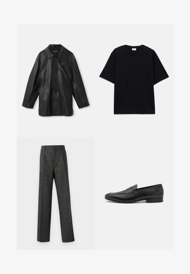 Czarny skórzany płaszcz z kołnierzem, zapięciem na guziki, dwoma przednimi kieszeniami i teksturowanym wykończeniem. Posiada metkę na kołnierzu do identyfikacji marki.; Czarny, krótki rękaw, oversize'owy T-shirt z okrągłym dekoltem i widoczną metką marki Filippa K wewnątrz kołnierza.; Szare spodnie o dopasowanym kroju wykonane z teksturowanej tkaniny, z dwoma fałdami z przodu i prostymi nogawkami. Brak widocznych kieszeni i zdobień.; Czarne skórzane loafersy o eleganckim designie, z zaokrąglonym noskiem i niskim, warstwowym obcasem. Posiadają dekoracyjny detal w postaci szwu na cholewce.