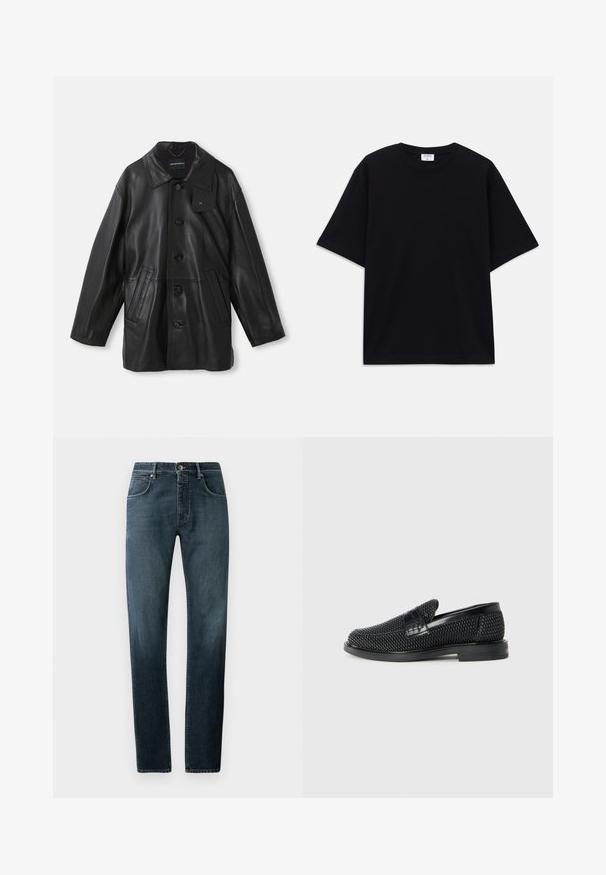 Black leather coat with a collar, button closure, two front pockets, and a textured finish. Features a tag on the collar for brand identification.; Black short-sleeve oversized T-shirt with round neckline and visible Filippa K brand label inside the collar.; Dark denim jeans with a straight fit, classic five-pocket design, contrasting stitching, and a subtle faded effect at the thighs.; Black woven slip-on shoe with a smooth leather accent on the upper, a round toe design, and a low-profile rubber sole.