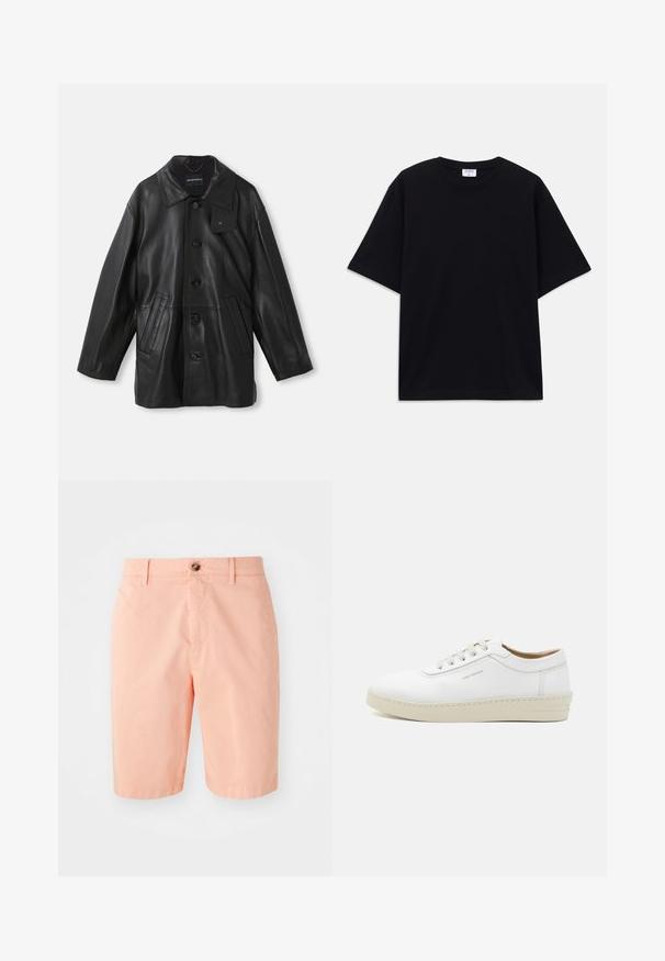Čierny kožený kabát s golierom, zapínaním na gombíky, dvoma prednými vreckami a textúrovaným povrchom. Obsahuje štítok na golieri na identifikáciu značky.; Čierne nadrozmerné tričko s krátkym rukávom a okrúhlym výstrihom, s viditeľnou značkovou etikou Filippa K vo vnútri goliera.; Broskyňové šortky vyrobené z ľahkej tkaniny, s klasickým dizajnom, predným zapínaním na gombík a bočnými vreckami.; Biele kožené tenisky s textúrovaným povrchom, okrúly špička, béžová gumová podrážka a šesť sivých vystužených očiek na šnúrky, so subtílnym brandingom na boku.