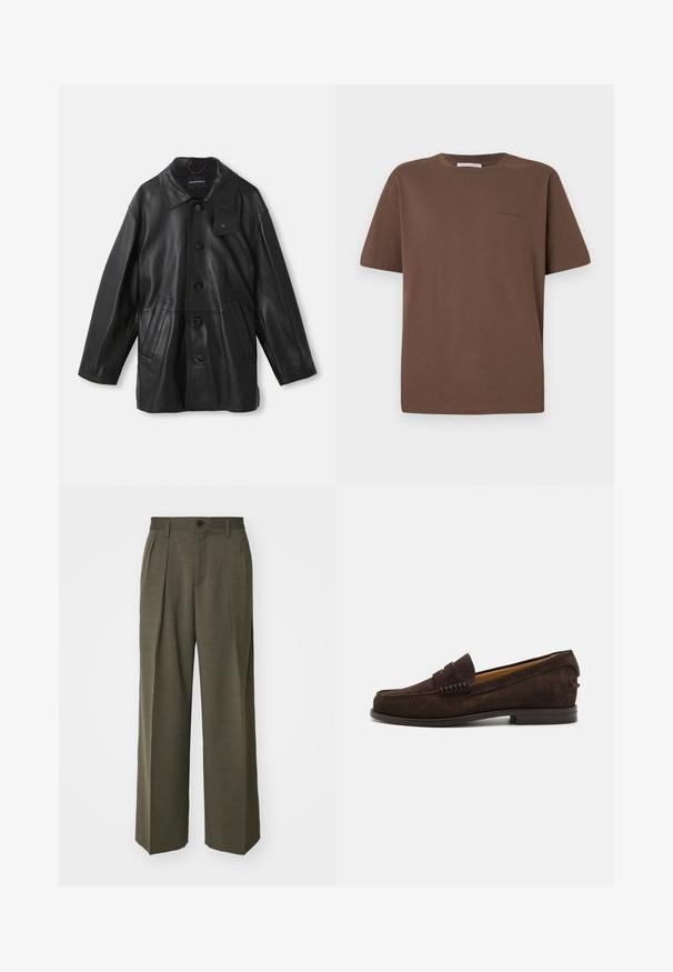 Schwarzer Ledermantel mit Kragen, Knopfverschluss, zwei Fronttaschen und strukturierter Oberfläche. Enthält ein Etikett am Kragen zur Markenidentifikation.; Braunes Baumwoll-T-Shirt mit rundem Ausschnitt, kurzen Ärmeln und einem kleinen Logo auf der Vorderseite. Flache Stoffstruktur, lässige Passform.; Filippa K WIDE TROUSERS - Stoffhose - driftwood; Braune Wildleder Slipper mit runder Zehenform, gesteppten Details auf dem Vorderschaft und einem niedrigen, gestapelten Absatz für ein klassisches Design.