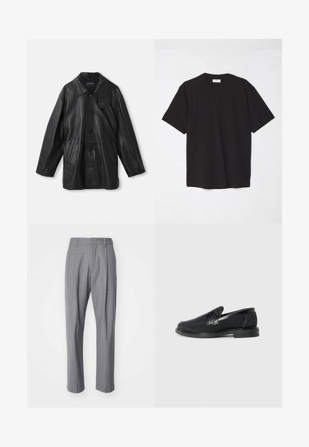 Černý kožený kabát s límcem, zapínáním na knoflíky, dvěma předními kapsami a texturovaným povrchem. Na límci se nachází štítek pro identifikaci značky.; Černé bavlněné tričko s kulatým výstřihem, krátkými rukávy a volným střihem. Jednoduchý design, hladká textura a žádné viditelné vzory či loga.; NN.07 KAY - Kalhoty - grey; Černé pletené nazouvací boty s hladkým koženým akcentem na svršku, kulatou špičkou a nízkoprofilovou gumovou podrážkou.