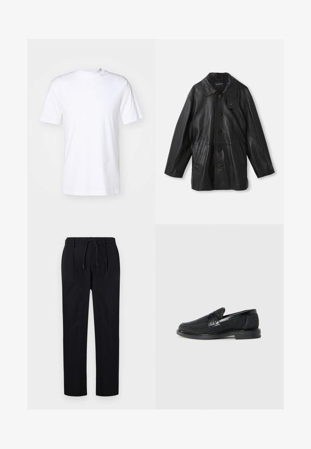Černý kožený kabát s límcem, zapínáním na knoflíky, dvěma předními kapsami a texturovaným povrchem. Na límci se nachází štítek pro identifikaci značky.; Bílý krátký rukáv tričko vyrobené z bavlny, s kulatým výstřihem a rovným lemem. Hladká textura a žádné viditelné vzory nebo akcenty.; Černé kalhoty z hladkého materiálu, s pasem na šňůrku, rovnými nohavicemi a předními záhyby pro strukturovaný vzhled.; Černé pletené nazouvací boty s hladkým koženým akcentem na svršku, kulatou špičkou a nízkoprofilovou gumovou podrážkou.