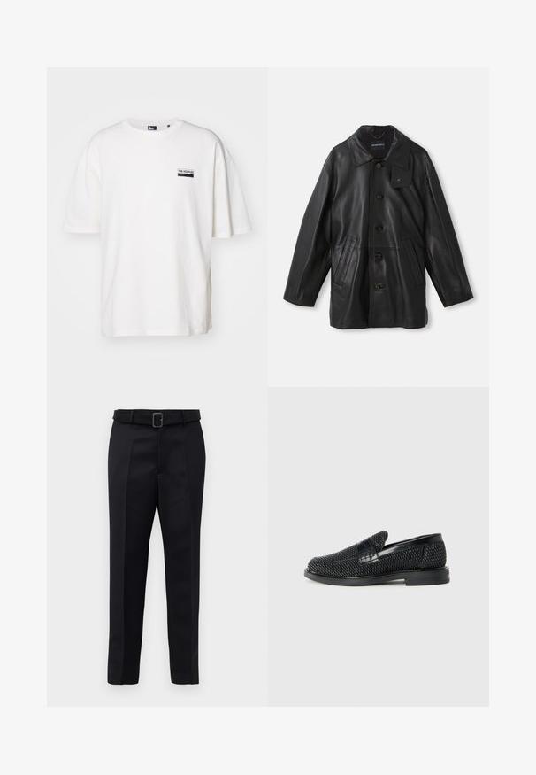 Black leather coat with a collar, button closure, two front pockets, and a textured finish. Features a tag on the collar for brand identification.; White cotton t-shirt with a relaxed fit, round neckline, and short sleeves. Features a small black label on the left chest.; Black tailored trousers feature a smooth fabric, straight cut, and a belted waist with a rectangular buckle. Notable front creases enhance the design.; Black woven slip-on shoe with a smooth leather accent on the upper, a round toe design, and a low-profile rubber sole.