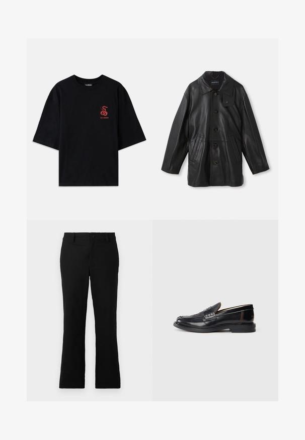 Palton din piele neagră cu guler, închidere cu nasturi, două buzunare frontale și un finisaj texturat. Dispune de un etichetă pe guler pentru identificarea mărcii.; Tricou negru din bumbac, cu o croială lejeră. Prezintă un grafic cu un șarpe roșu și text pe piept. Mâneci scurte și guler rotund.; Pantaloni negri evazați dintr-un amestec de bumbac, având închidere cu nasture, cleme pentru curea și o textură netedă, fără modele vizibile.; Loaferi din piele neagră cu o finisare netedă, cusături decorative și un toc ușor. Prezintă un mic panou de accent în nuanța maro.