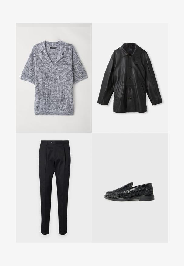 Čierny kožený kabát s golierom, zapínaním na gombíky, dvoma prednými vreckami a textúrovaným povrchom. Obsahuje štítok na golieri na identifikáciu značky.; Pulóver s krátkym rukávom v štruktúrovanej pletenine, s výstrihom do V a v sivej modrej farbe s jemným vzorom. Mäkký, ľahký materiál.; Čierne nohavice vyrobené zo hladkej látky, s skladom vpredu, zapínaním na gombík a roľovanými manžetami na členkoch.; Čierne tkané slip-on topánky s hladkým koženým akcentom na vrchnej časti, s okrúlym dizajnom špičky a nízkoprofilovou gumovou podrážkou.