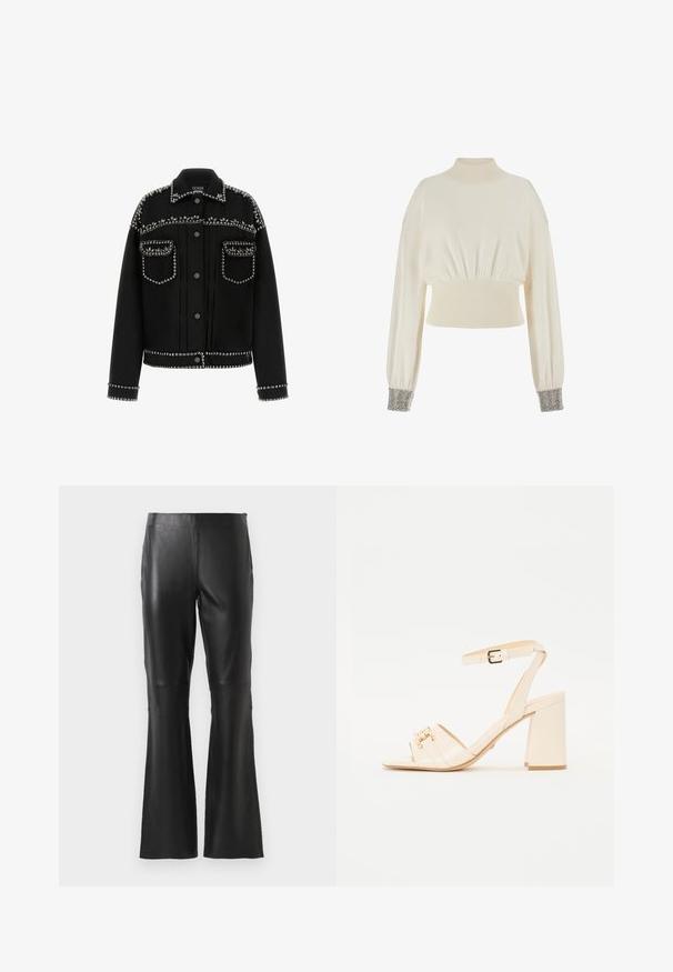 Czarna kurtka dżinsowa z metalowymi ćwiekami na ramionach, kieszeniach i u dołu. Posiada klasyczny kołnierz oraz zapięcie na guziki.; Kremowy krótki sweter z wysokim kołnierzem, prążkowanym pasem i luźnymi rękawami. Manżety ozdobione detalami z metalowych koralików.; Czarne spodnie z wysokim stanem z ekologicznej skóry, z szerokimi nogawkami i detalami z przodu, prezentowane na jednolitym białym tle.; Beżowe lakierowane sandały z kwadratowym noskiem, dwoma paskami z przodu, paskiem na kostkę z klamrą i słupkowym obcasem.