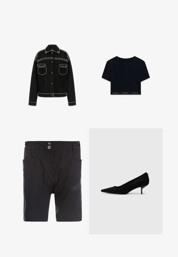Svart denimjacka med silverfärgade nitar längs axlarna, fickorna och fållen. Den har krage i klassisk stil och knappstängning framtill.; Svart kort t-shirt i mjukt material med korta ärmar och rund halsringning. Har ett märkesband i fållen med "GUESS JEANS" i vitt.; Svarta shorts gjorda av ett lätt och flexibelt material. De har två framfickor, en knappstängning och subtila designinslag.; Svart mocka hög klackskor med spetsig tå och en smal, låg klack. Slät textur med en elegant design, utan synlig hårdvara.