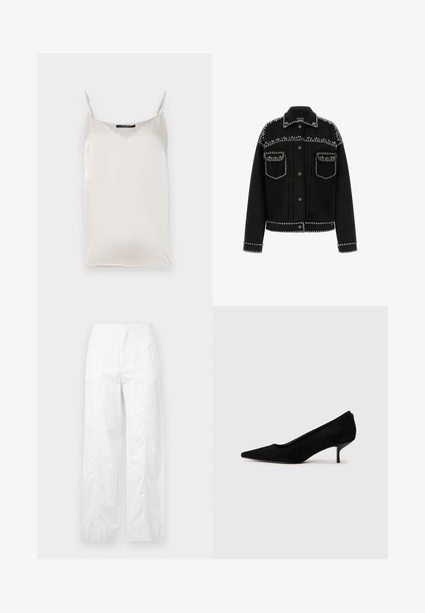 Jachetă din denim negru cu tinte argintii pe umeri, buzunare și tiv. Dispune de un guler clasic și închidere cu nasturi.; Camisolă albă din satin cu bretele subțiri ajustabile, decolteu cu margini ondulate și o textură netedă. Design simplu, potrivit pentru a fi purtată în straturi.; Pantaloni albi cu croială largă, fabricați dintr-un material ușor, având o textură netedă, linii curate și un design cu talie înaltă.; Pantofii cu toc înalt din suede negru, cu vârf ascuțit și un toc subțire, jos. Textură netedă, cu un design elegant, fără hardware vizibil.