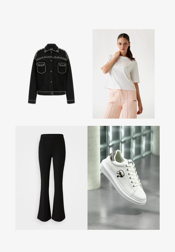 Czarna kurtka dżinsowa z metalowymi ćwiekami na ramionach, kieszeniach i u dołu. Posiada klasyczny kołnierz oraz zapięcie na guziki.; Biały, krótki t-shirt z logo "GUESS" w jasnoróżowym kolorze, w połączeniu z brzoskwiniowymi spodniami dresowymi z czarnym logo z boku. Gładka bawełniana faktura.; Czarne spodnie dzwony z elastycznego materiału o gładkiej strukturze, z detalami szwów z przodu dla dodatkowego stylu.; Białe sneakersy Karl Lagerfeld z sznurowanym przodem, czarną i beżową naszywką z logo oraz metaliczną srebrną pętelką na pięcie, unoszące się nad szarym podłożem.