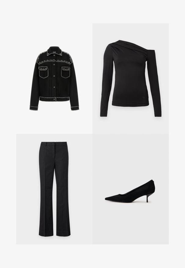 Melna džinsa jaka ar sudraba kniedēm plecu, kabatu un apakšmalas daļā. Tai ir klasiskā apkakle un pogu aizdare.; Melnas garām piedurknēm blūze ar asimetrisku kakla izgriezumu, kur viens plecs ir atklāts un maigā drapējuma akcenti krūšu daļā.; Melnas izkliedētas bikses, kas izgatavotas no gludas auduma ar nelieliem metāla rotājumiem visā virsmā. Iezīmēta ar plakanu priekšpusi un standarta jostasvietu.; Melnas zamšādas augstpapēžu kurpes ar vienu punktētu purngalu un šauru, zemu papēdi. Gluda tekstūra ar elegantu dizainu, bez redzamiem aksesuāriem.