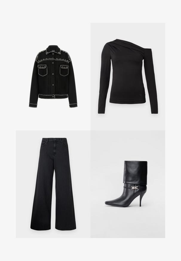Schwarze Jeansjacke mit silbernen Nieten an den Schultern, Taschen und dem Saum. Sie verfügt über einen klassischen Kragen und eine Knopfleiste vorn.; Schwarzes langärmliges Oberteil mit asymmetrischem Ausschnitt, eines der Schultern ist frei und sanft drapiert über der Brust.; Schwarze weit geschnittene Jeans mit hoher Taille und vorderem Knopfverschluss, vor einem schlichten Hintergrund präsentiert.; Schwarze Leder-Ankle-Boots mit spitzer Zehenpartie, hohen Stiletto-Absätzen, umgeschlagenem Schaft und einem goldenen dekorativen Schnallen-Detail an der Knöchel.