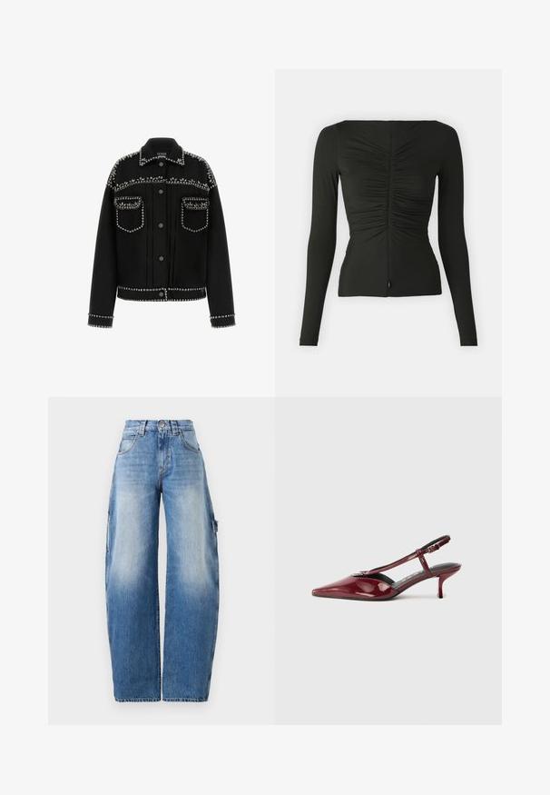 Melna džinsa jaka ar sudraba kniedēm plecu, kabatu un apakšmalas daļā. Tai ir klasiskā apkakle un pogu aizdare.; Melnas garo piedurkņu krekls, kas izgatavots no elastīga auduma, ar priekšējo rāvējslēdzēju, rušu tekstūru un pieguļošu siluetu.; Gai zils platākas džinsus, izgatavotus no denima. Ievēro augstu vidukli, nelielu nodilumu, lielas sānu kabatas un kontrastējošas šuvju detaļas.; Spīdīga bordo krāsas ādas kurpe ar norādītu purngalu, zemu papēdi un T formas siksniņu ar sudraba sprādzi uz balta fona.