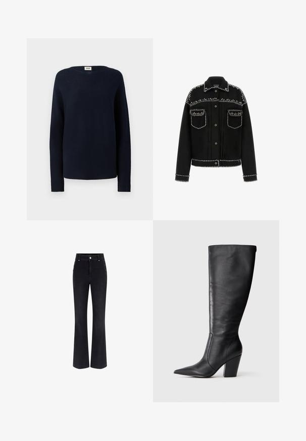 Schwarze Jeansjacke mit silbernen Nieten an den Schultern, Taschen und dem Saum. Sie verfügt über einen klassischen Kragen und eine Knopfleiste vorn.; Dunkelblauer Pullover aus Strickstoff. Mit rundem Halsausschnitt und langen Ärmeln in einem lässigen, geraden Schnitt. Weiche Textur.; Schwarze Jeans aus Denim im Schlagstil mit hoher Taille, fünf Taschen-Design und metallischen Knopfakzenten an den Seiten. Glatte Textur und klassischer Schnitt.; Schwarze kniehohe Lederstiefel mit spitzem Zehen und klobigem hohen Absatz, von der linken Seitenansicht auf weißem Hintergrund gezeigt.