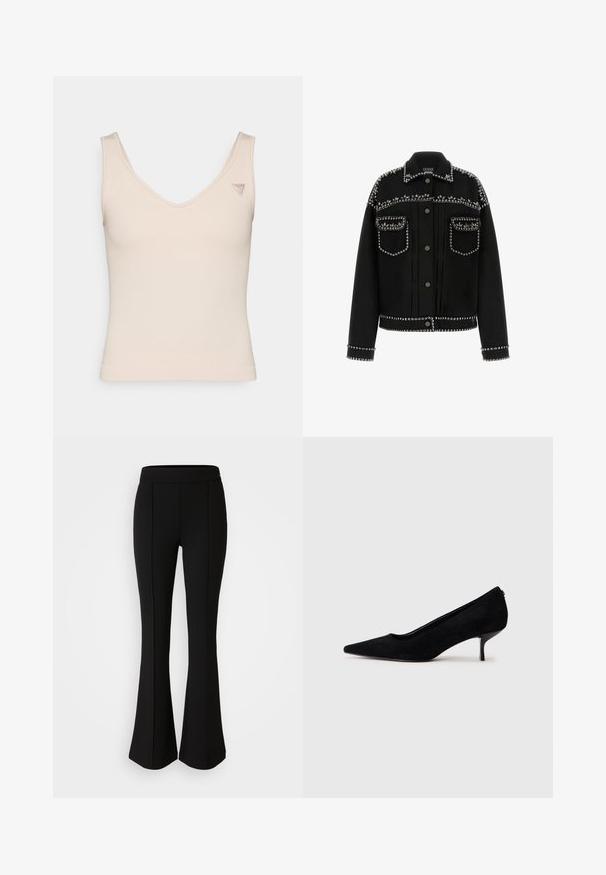 Juodas džinsinis švarkelis su sidabrinėmis smeigėmis palei pečius, kišenes ir apatinę dalį. Jis turi klasikinį apykaklę ir mygtukų uždarymą.; Ribota, bežinė be rankovių palaidinė su V formos iškirpte. Yra mažas logotipas kairėje petyje. Minkšta tekstūra ir prigludusi siluetas.; Juodos flared kelnės pagamintos iš tamprios medžiagos su lygiu paviršiumi, su siūlų detalėmis priekinėje dalyje, kad būtų pridėtas dizaino elementas.; Juodas zomšinis aukštakulnis batus su smailiu kojų pirštu ir plonu, žemu kulnu. Lygi tekstūra su elegantišku dizainu, be matomų metalinių detalių.
