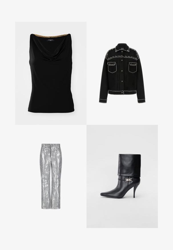 Jachetă din denim negru cu tinte argintii pe umeri, buzunare și tiv. Dispune de un guler clasic și închidere cu nasturi.; Top negru fără mâneci, cu un decolteu drapat și un accent din lanț auriu la umăr. Confeționat dintr-un material neted, cu o croială ajustată.; Pantaloni brodați cu argintiu, cu un model de frunze, design cu picior drept și o textură netedă, strălucitoare. Buzunare funcționale și închidere cu nasture.; Botine negre din piele, cu vârf ascuțit, toc înalt și subțire, cu manșetă pliată și un detaliu decorativ cu cataramă aurie la gleznă.