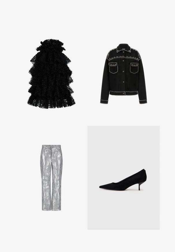 Black denim jacket featuring silver studs along the shoulders, pockets, and hem. It has a classic collar and button-front closure.; Black ruffled dress made from textured fabric, featuring multiple layers and a gathered neckline, creating a voluminous silhouette.; Silver embroidered trousers featuring a leaf pattern, straight leg design, and a smooth, shiny texture. Functional pockets and button closure.; Black suede high heel shoe with a pointed toe and a slim, low heel. Smooth texture with a sleek design, featuring no visible hardware.