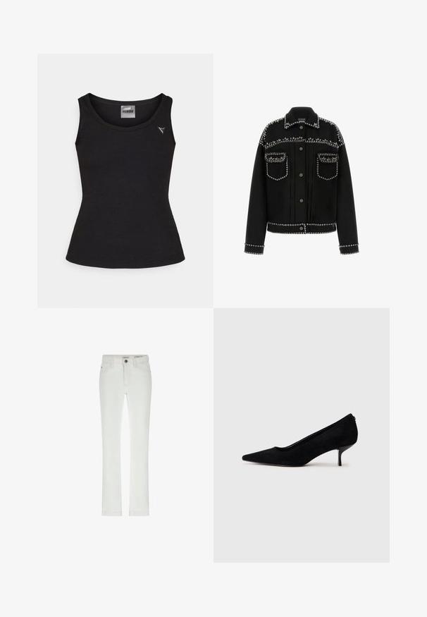 Mustmust mustrük, millel on hõbedased nupud õlgadel, taskutel ja äärtes. Sellel on klassikaline krae ja nupuvajutuse sulgemine.; Mustmustri ribidega tank-top ümmarguse kaelusega, vasakul rinnakorvialal on väike hõbedane logoaktsent. Sujuv tekstuur, istuv disain.; Valged teksad slimmis, 5-tasku disainiga ja kontrastsete õmblustega. Omavad nööpkinnitust ja diskreetset brändi märkust vöökoha juures.; Must musta kõrge kontsaga king, millel on terav varvas ja õhuke, madal konts. Sile tekstuur ja sujuv disain, ilma nähtava riistvarata.