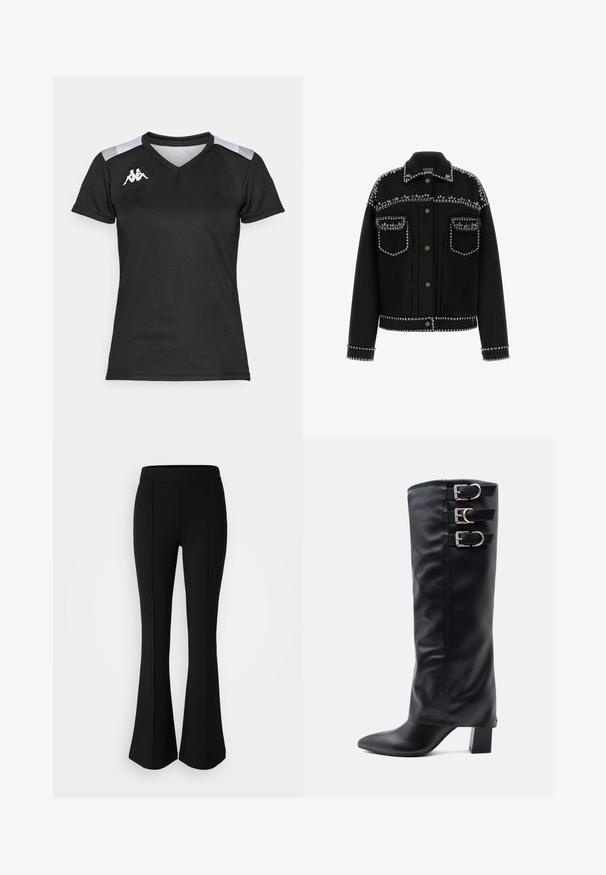 Melna džinsa jaka ar sudraba kniedēm plecu, kabatu un apakšmalas daļā. Tai ir klasiskā apkakle un pogu aizdare.; Melna sporta krekla ar īsām piedurknēm. Iezīmējas ar V veida kakla izgriezumu, pelēkiem plecu akcentiem un baltu logotipu kreisajā krūts daļā. Gluda tekstūra.; Melni izplešami bikses, izgatavotas no elastīga materiāla ar gludu tekstūru, ar šuvju detaļām priekšpusē, lai pievienotu dizaina elementus.; Melnas ceļa augstuma zābaki, kas izgatavoti no gludas mākslīgās ādas, ar norādītu purngalu, sānos ar trim sudraba sprādžu akcentiem un masīvu papēdi.