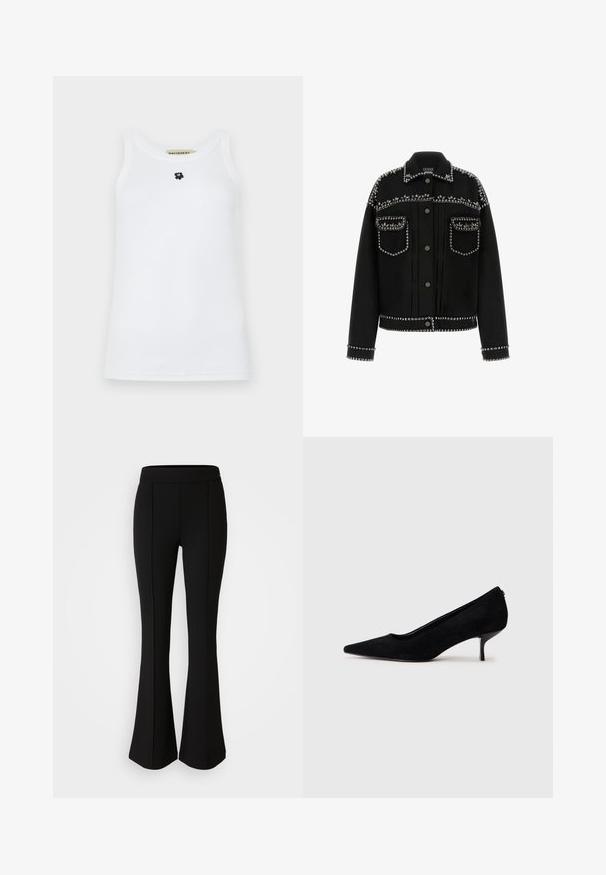 Mustmust mustrük, millel on hõbedased nupud õlgadel, taskutel ja äärtes. Sellel on klassikaline krae ja nupuvajutuse sulgemine.; Valge ilma varrukateta T-särk, mis on valmistatud puuvillast, ümarate kaelustega ja keskel on väike must karu logo. Sile tekstuur.; Mustad flared püksid, mis on valmistatud elastsetest materjalidest, millel on sile tekstuur. Ees on õmbluste detailid, mis lisavad disaini.; Must musta kõrge kontsaga king, millel on terav varvas ja õhuke, madal konts. Sile tekstuur ja sujuv disain, ilma nähtava riistvarata.