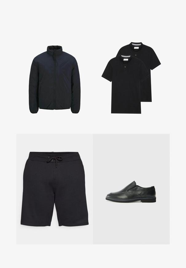 Fekete szigetelt dzseki magas gallérral, elől cipzárral és rugalmas mandzsettákkal. Sima felületű, könnyű kivitel. Egy mellzseb található rajta.; Két fekete pólóing, rövid ujjú, pamut anyagból készült, klasszikus gallérral, két gombos gombolással, és fehér csíkos díszítéssel a gallér belső részén.; Fekete pamut rövidnadrág, rugalmas derekkal és zsinórral. Oldalsó zsebekkel és sima textúrával, varrott varratokkal rendelkezik.; Fekete bőr, slip-on cipő sima felsőrésszel, varrott díszítéssel, lekerekített orral és alacsony gumitalppal. A talpa minimális bordázattal rendelkezik.